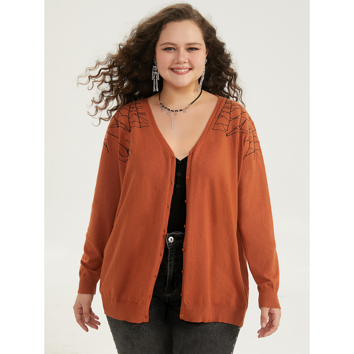 

Plus Size Supersoft Essentials Halloween Spider Web Button Through Cardigan Rust Women Casual Loose Long Sleeve Dailywear Cardigans BloomChic