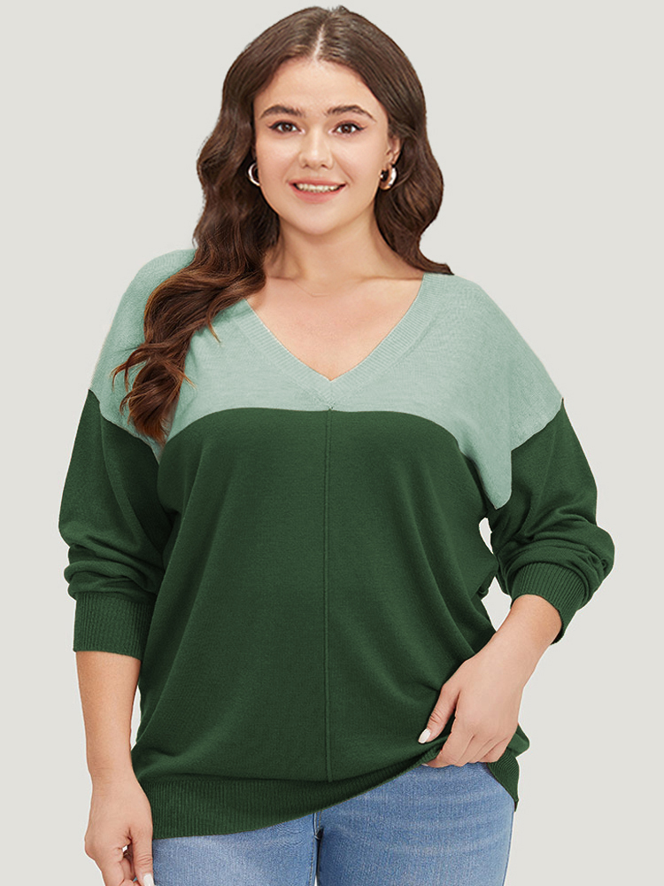 

Plus Size Supersoft Essentials Colorblock Two Tone Patchwork V Neck Pullover Green Women Casual Loose Long Sleeve V-neck Dailywear Pullovers BloomChic