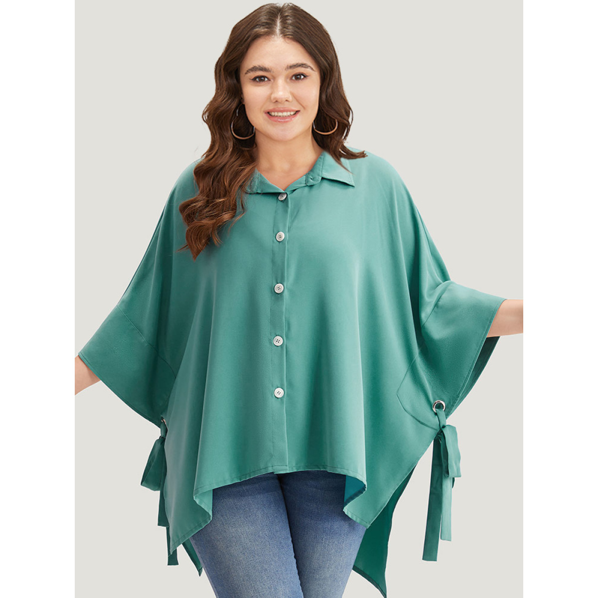 

Plus Size Plain Shirt Collar Asymmetrical Hem Bowknot Kimono Women Emerald Casual Drape Dailywear Kimonos BloomChic