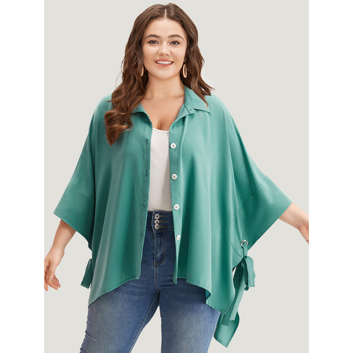 

Plus Size Plain Shirt Collar Asymmetrical Hem Bowknot Kimono Women Emerald Casual Drape Dailywear Kimonos BloomChic