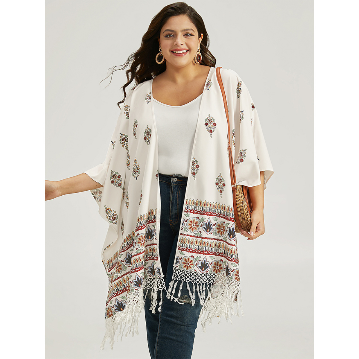 

Plus Size Boho Print Asymmetrical Hem Tassel Trim Drape Kimono Women Ivory Casual Drape Loose Dailywear Kimonos BloomChic