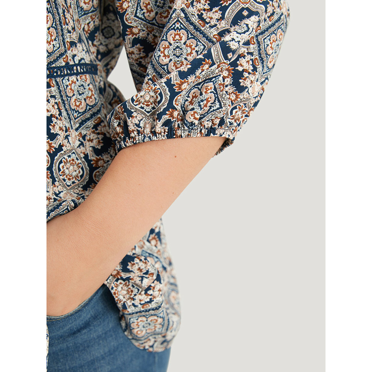 

Plus Size Indigo Moroccan Print Tassels Ties Elastic Cuffs Blouse Women Resort Elbow-length sleeve Tie Neck Vacation Blouses BloomChic
