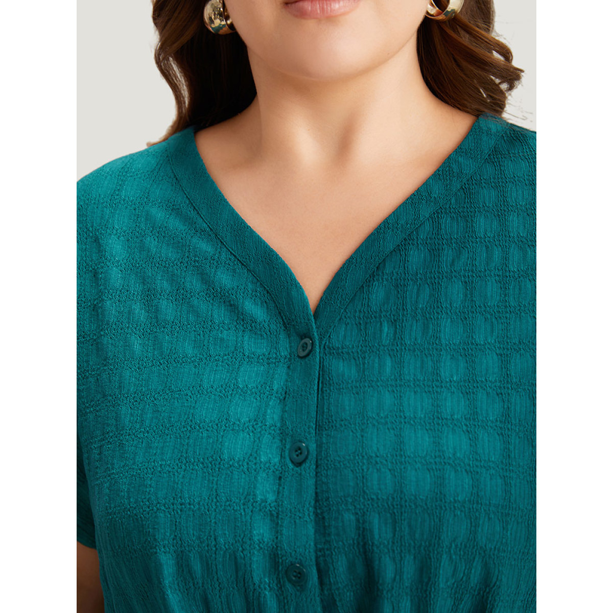 

Plus Size Plisse Crossover Button Up Batwing Sleeve T-shirt Teal Women Elegant Texture Plain V-neck Dailywear T-shirts BloomChic