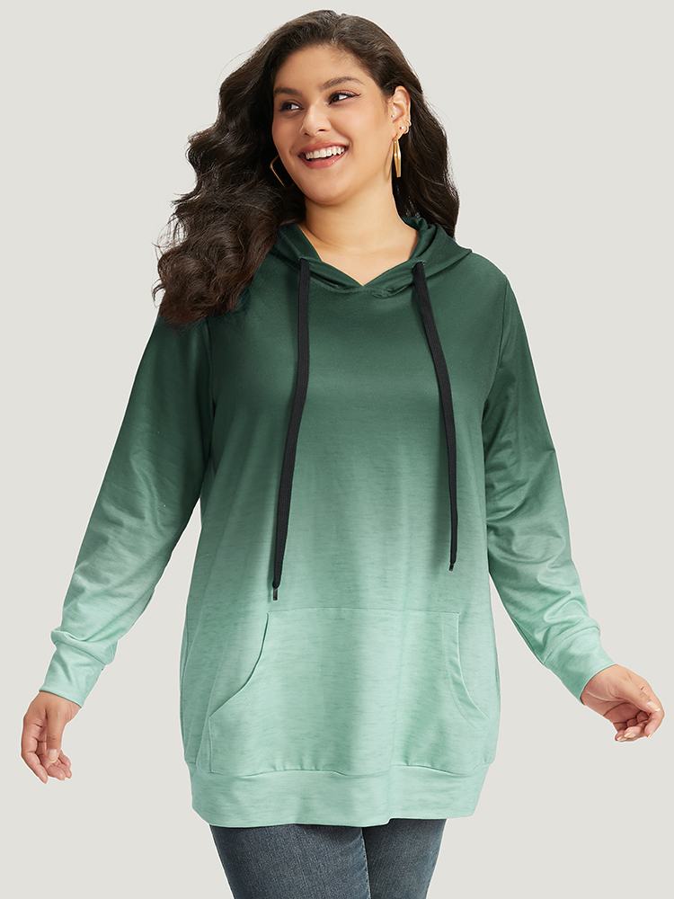 

Plus Size Ombre Pocket Drawstring Hooded Sweatshirt Women Green Casual Elastic cuffs Hooded Everyday Sweatshirts BloomChic