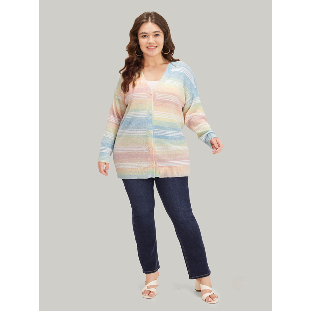 

Plus Size Rainbow Ombre Elastic Cuffs Button Up Cardigan Multicolor Women Casual Loose Long Sleeve Everyday Cardigans BloomChic