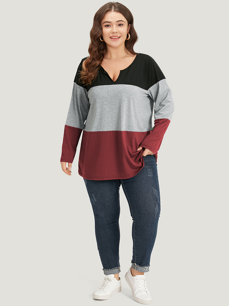 

Plus Size Colorblock Contrast Notched Long Sleeve T-shirt Red Women Casual Contrast Plain Notched collar Dailywear T-shirts BloomChic