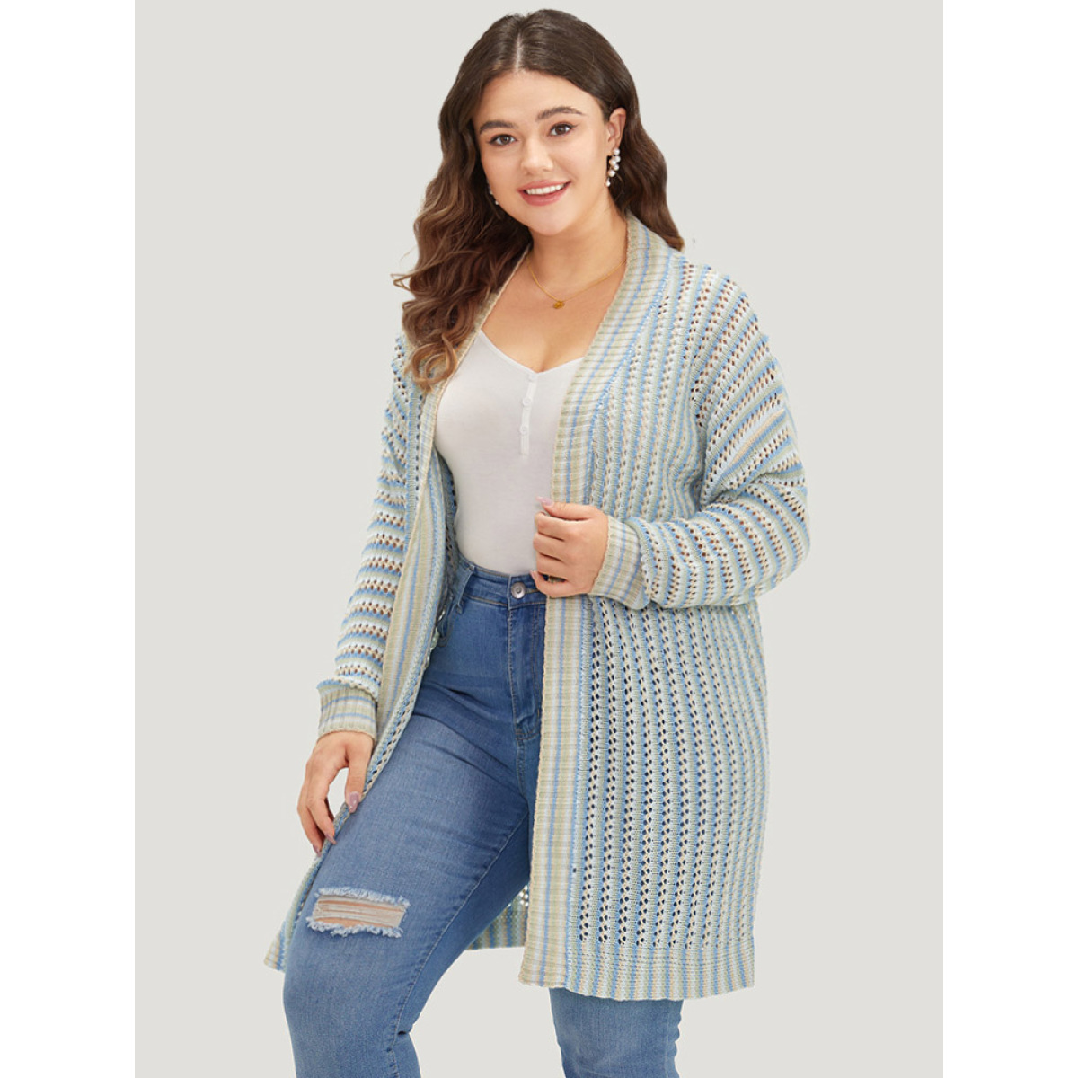 

Plus Size Contrast Geo Eyelet Drop Shoulder Cardigan Multicolor Women Casual Loose Long Sleeve Dailywear Cardigans BloomChic