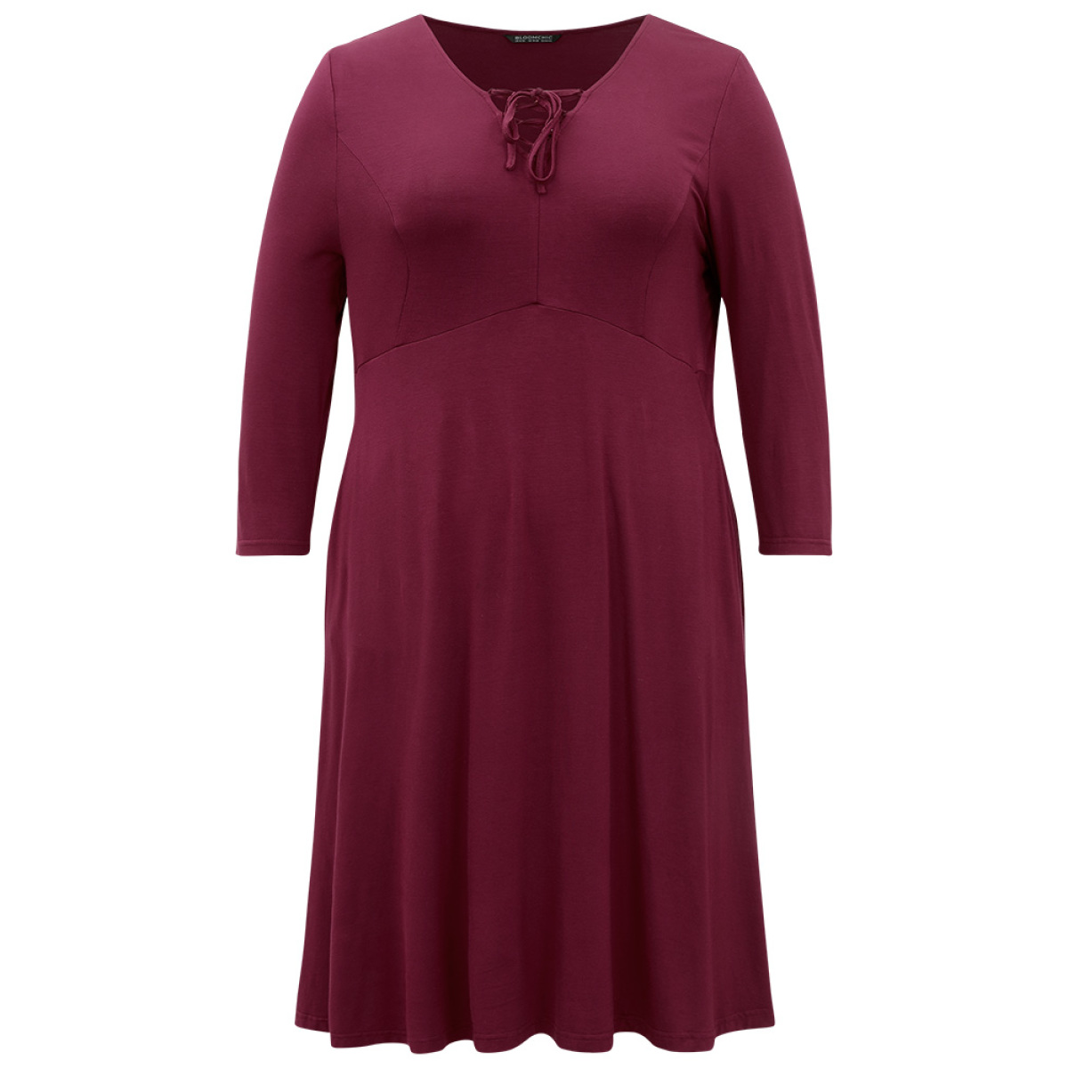 

Plus Size Supersoft Essentials Solid Lace Up Ruffle Hem Dress Burgundy Women Plain Tie Neck Elbow-length sleeve Curvy Midi Dress BloomChic