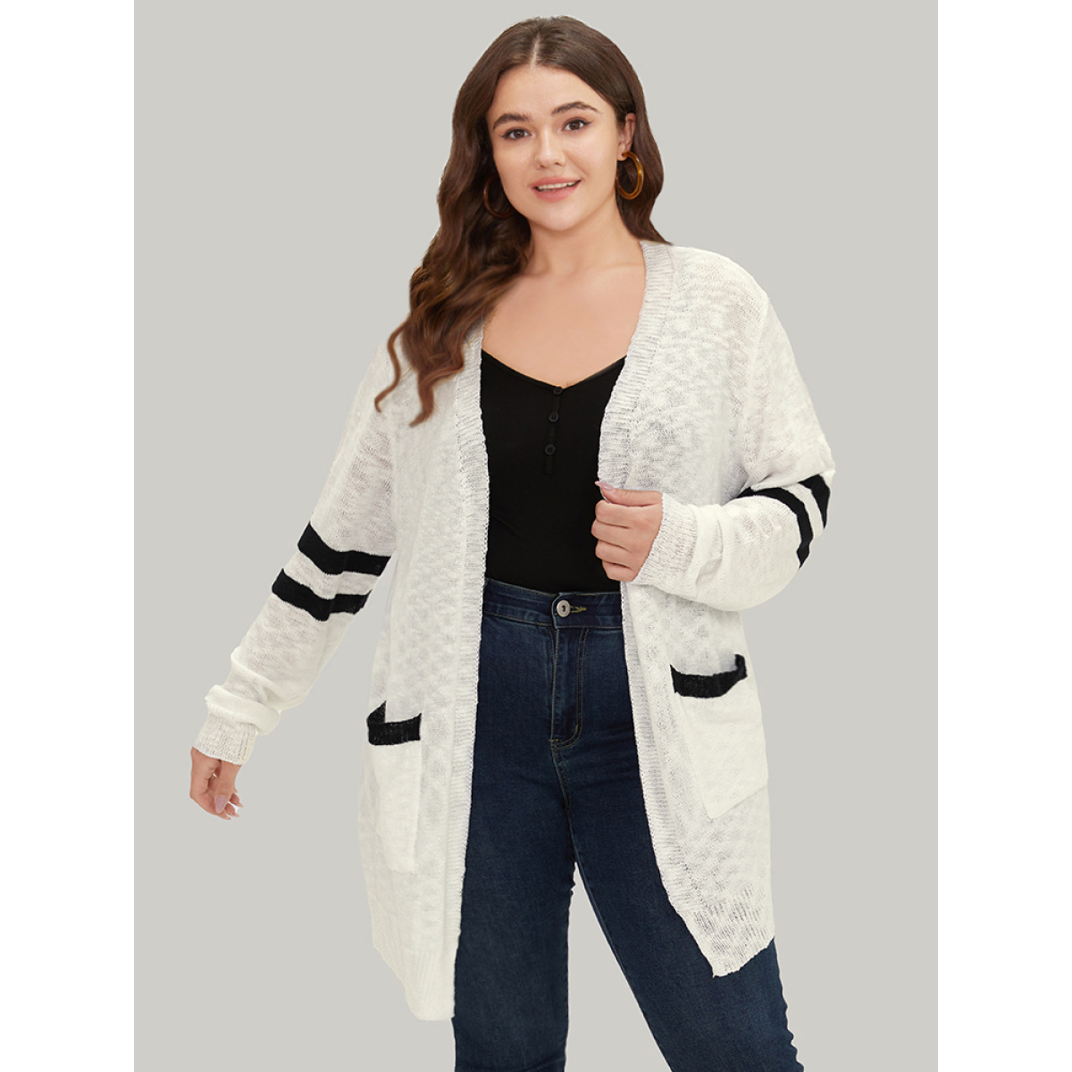 

Plus Size Contrast Patched Pocket Open Front Cardigan White Women Casual Loose Long Sleeve Everyday Cardigans BloomChic