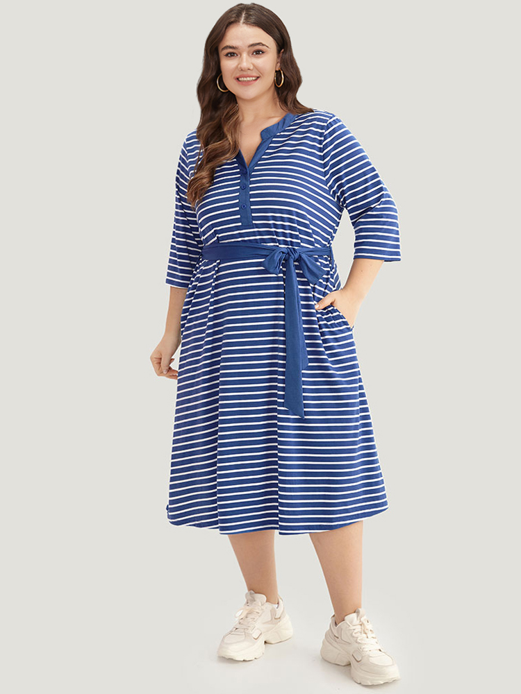 

Plus Size Striped Belted Notched Dress Blue Women Belted Notched collar Elbow-length sleeve Curvy Midi Dress BloomChic