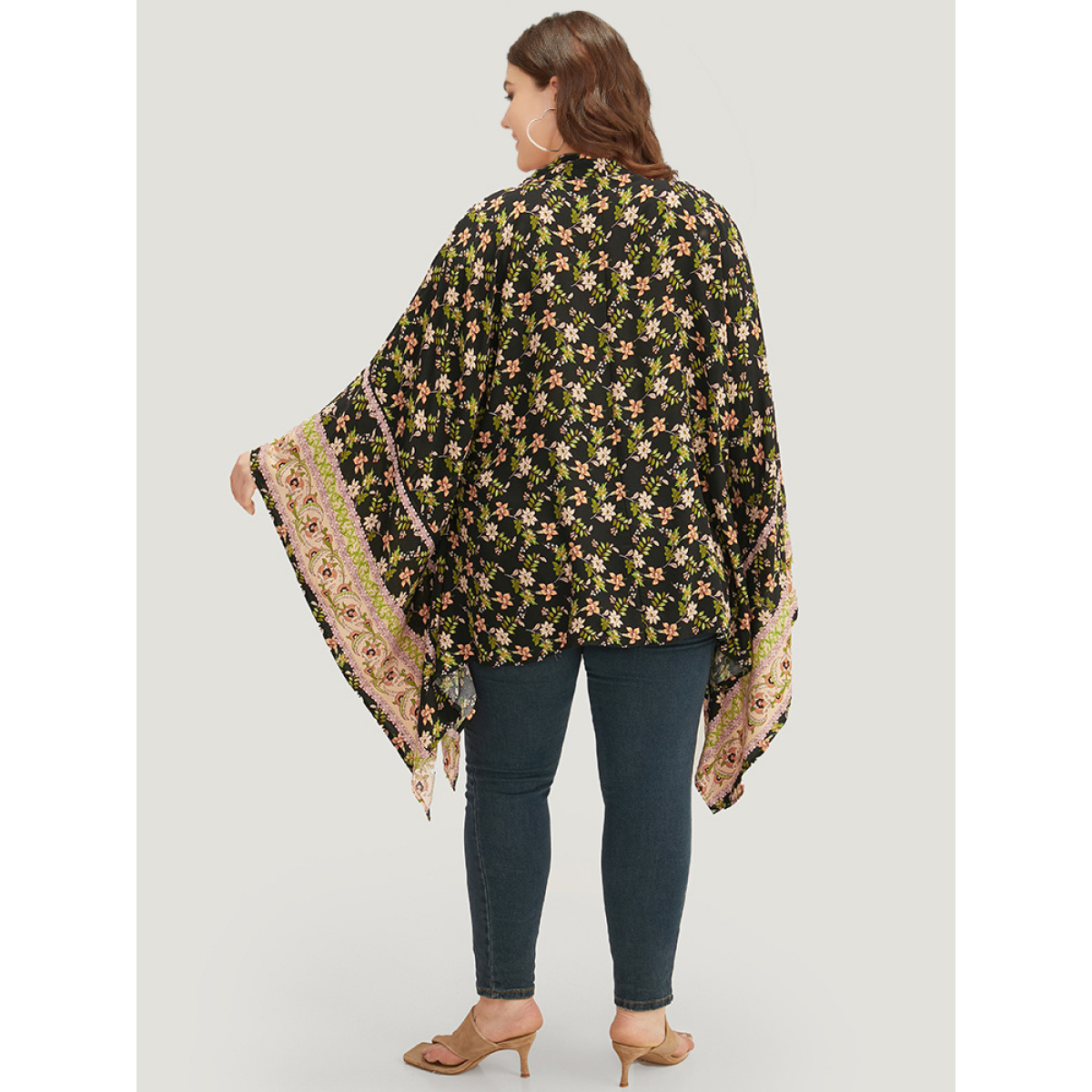 

Plus Size Floral Print Bowknot Front Batwing Sleeve Kimono Women Multicolor Casual Drape Dailywear Kimonos BloomChic