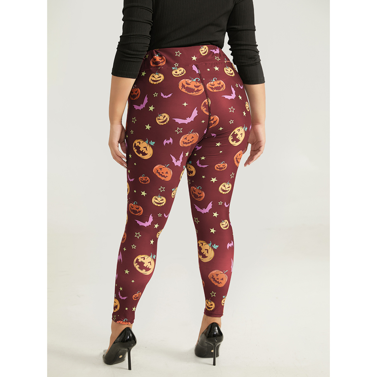 

Plus Size Halloween Graphic Wideband Waist Leggings Women Burgundy Elegant High stretch Skinny High Rise Festival-Halloween Leggings BloomChic