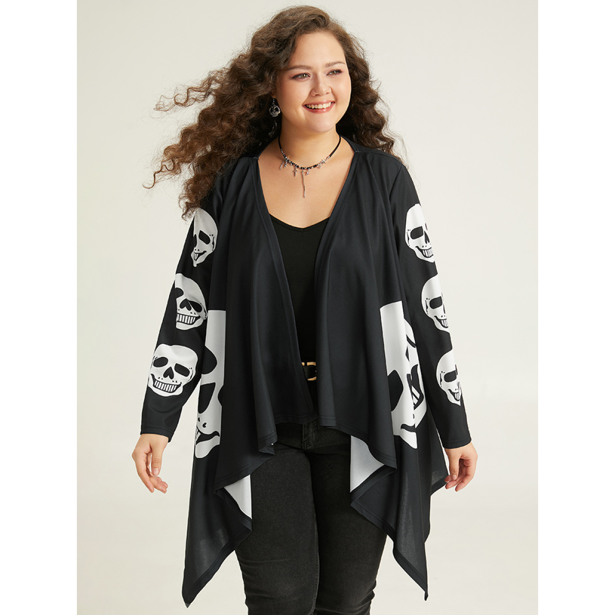 

Plus Size Halloween Skull Print Asymmetrical Hem Drape Kimono Women Black Casual Drape Loose Dailywear Kimonos BloomChic