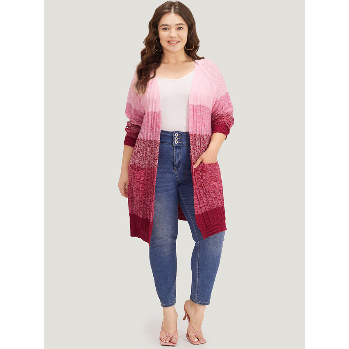 

Plus Size Ombre Colorblock Patched Pocket Tunic Cardigan Watermelon Women Casual Loose Long Sleeve Dailywear Cardigans BloomChic