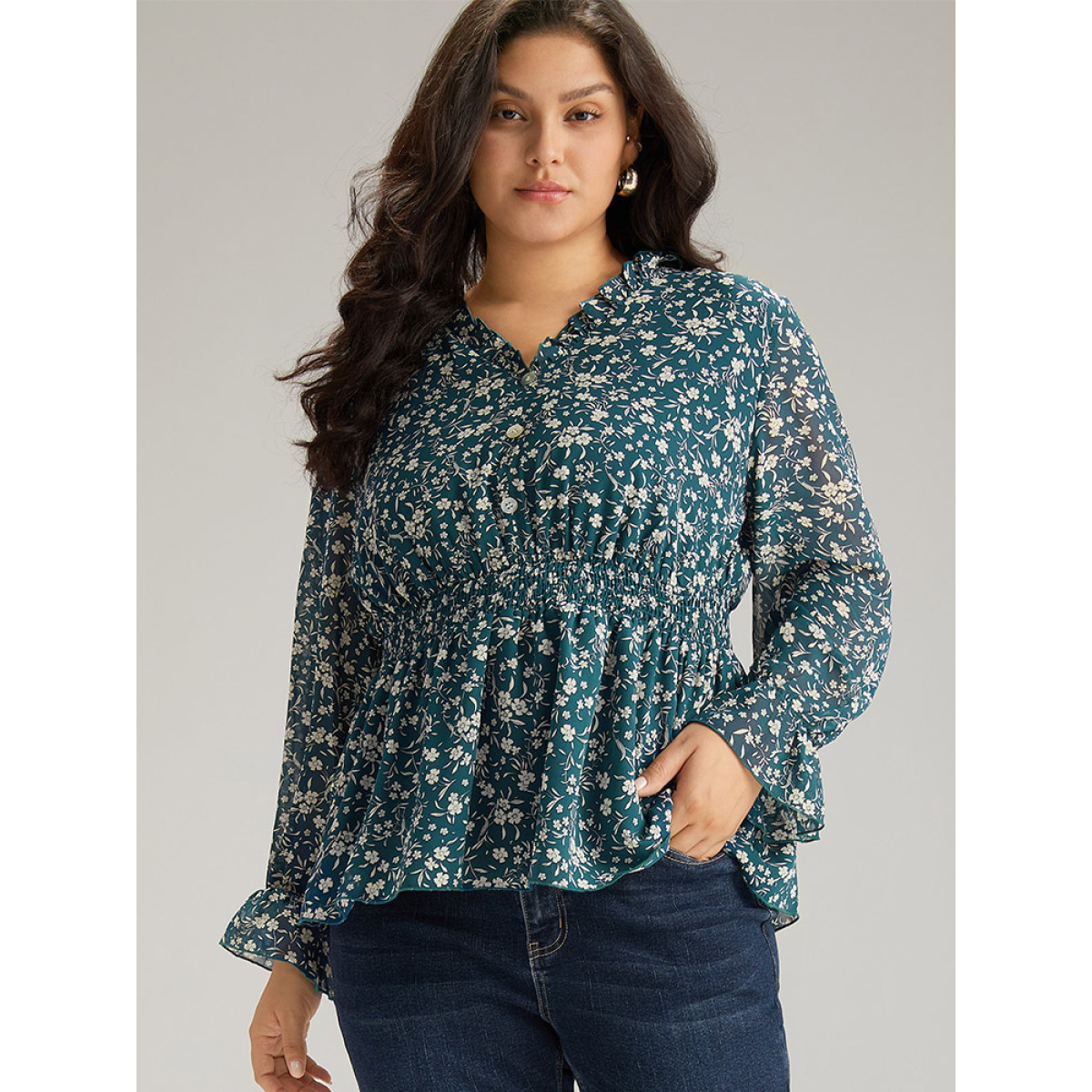 

Plus Size Aegean Ditsy Floral Chiffon Shirred Ruffles Frill Trim Blouse Women Elegant Long Sleeve V-neck Dailywear Blouses BloomChic