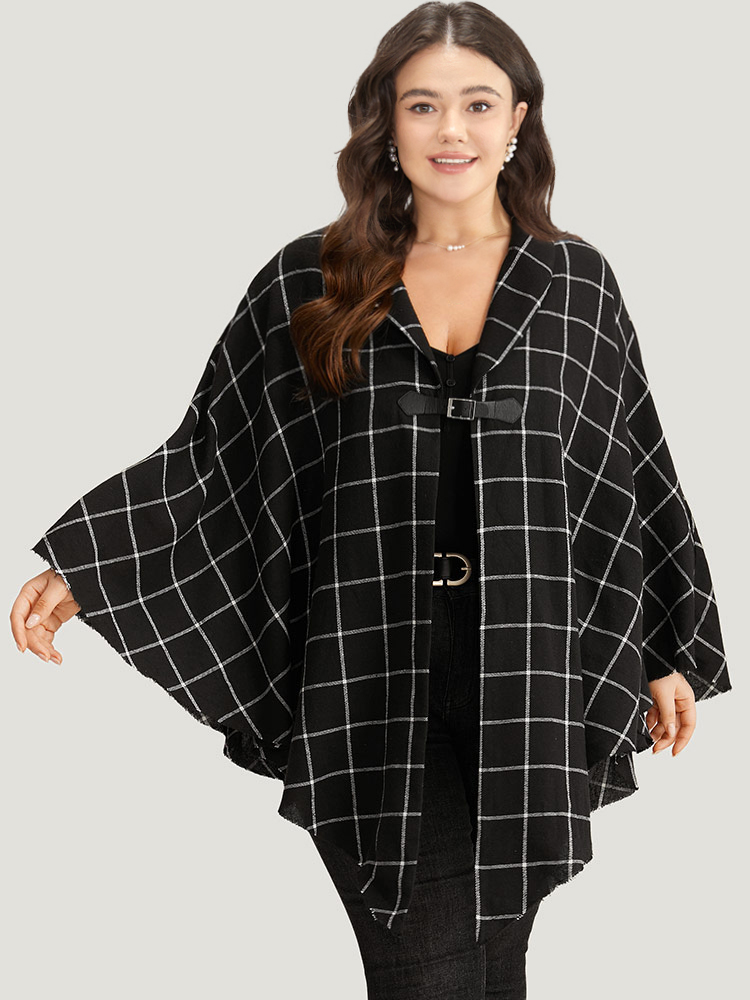 

Plus Size Plaid Buckle Detail Cape Kimono Women Black Casual Contrast Loose Dailywear Kimonos BloomChic