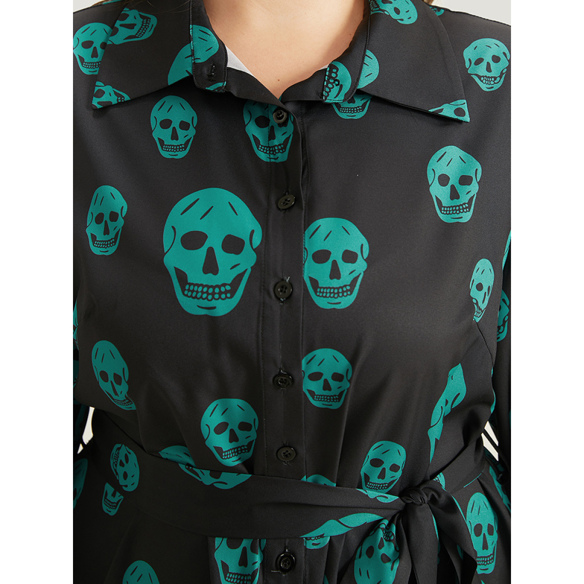 Plus Size Halloween Skull Print Shirt Collar Belted Split Hem Dress Black Women Office Belted Shirt collar Long Sleeve Curvy Knee Dress BloomChic
Plus Size Halloween Skull Print Shirt Collar Belted Split Hem Dress Black Women Office Belted Shirt collar Long Sleeve Curvy Knee Dress BloomChic