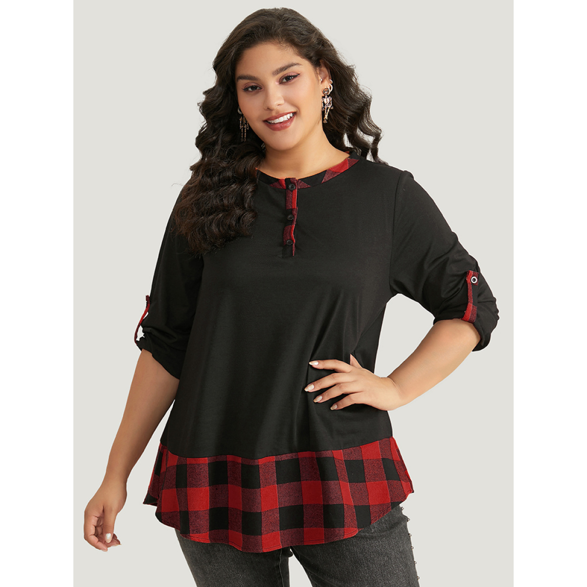 

Plus Size Halloween Gingham Patchwork Notched Button Up Arc Hem T-shirt Red Women Casual Contrast Plaid Round Neck Festival-Halloween T-shirts BloomChic