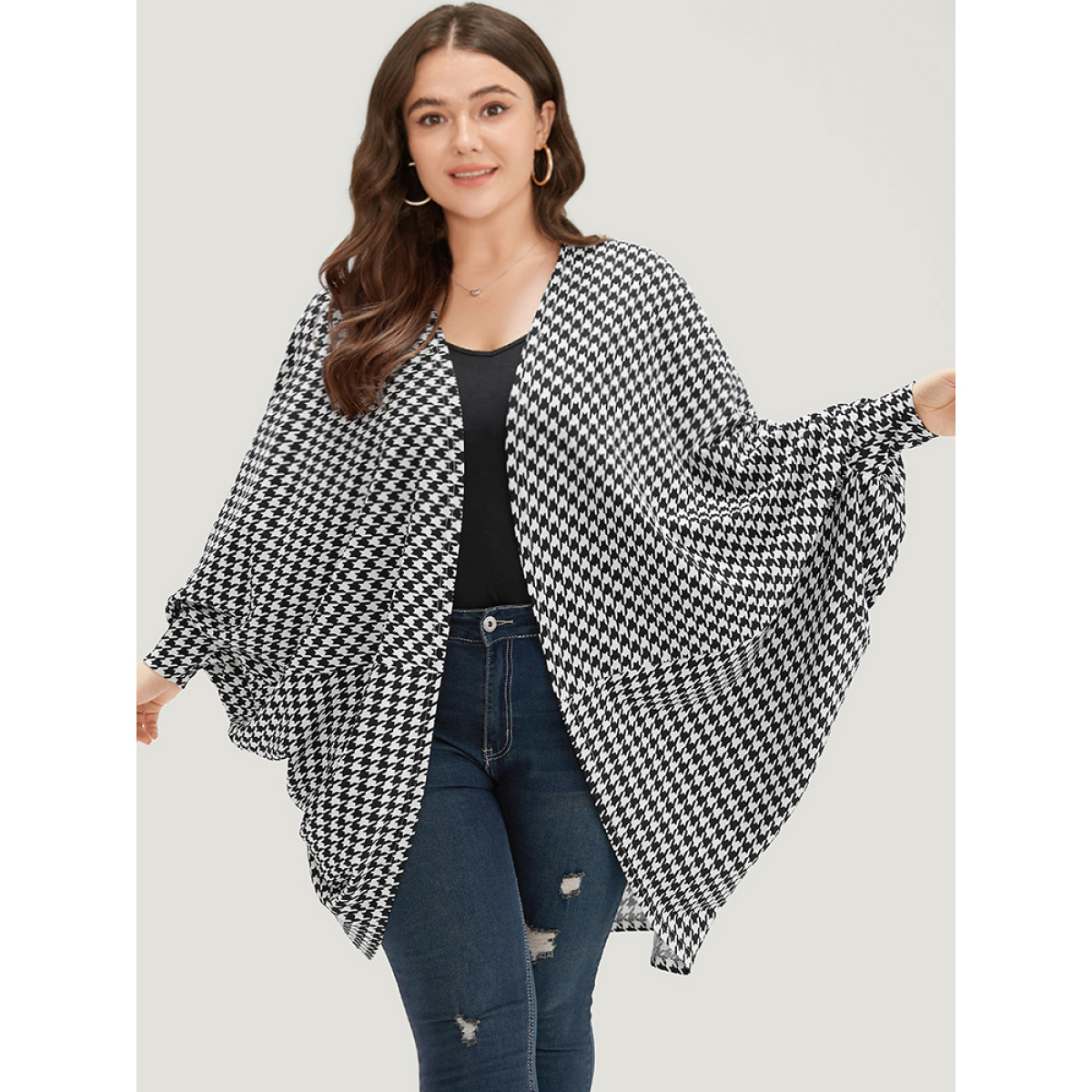 

Plus Size Houndstooth Asymmetrical Hem Dolman Sleeve Kimono Women Black Casual Asymmetrical Loose Dailywear Kimonos BloomChic