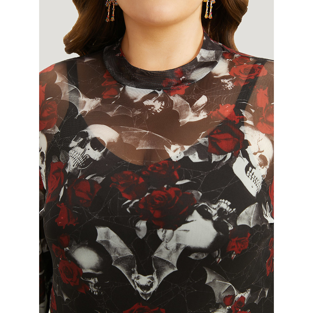 Plus Size Halloween Skull & Floral Print Mesh T-shirt BlackFlower Round Neck Long Sleeve Elegant Jersey Tops
Plus Size Halloween Skull & Floral Print Mesh T-shirt BlackFlower Round Neck Long Sleeve Elegant Jersey Tops