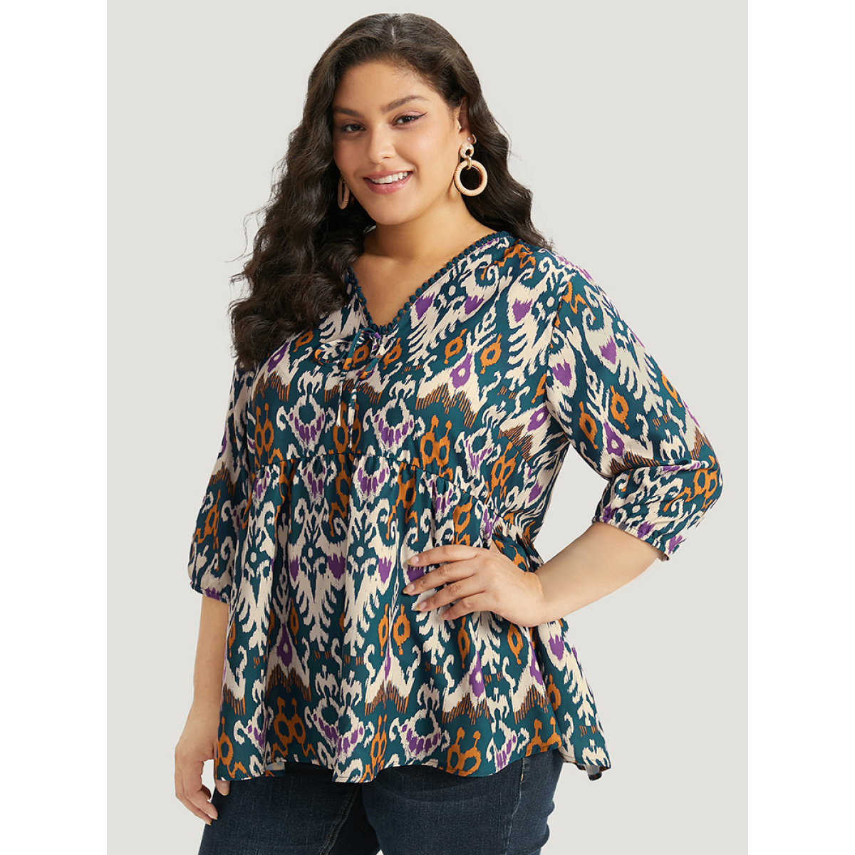 Plus Size Cyan Bandana Print Ties Pompom Trim Blouse Women Vacation Elbow-length sleeve V-neck Dailywear Blouses BloomChic
Plus Size Cyan Bandana Print Ties Pompom Trim Blouse Women Vacation Elbow-length sleeve V-neck Dailywear Blouses BloomChic