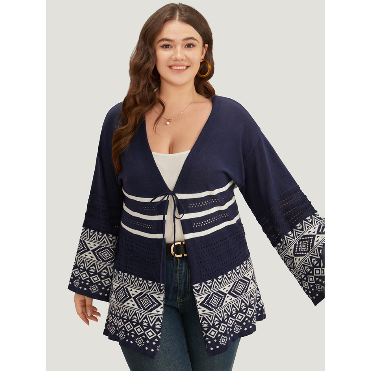 

Plus Size Bandana Print Geo Eyelet Ties Front Cardigan Indigo Women Casual Loose Long Sleeve Everyday Cardigans BloomChic