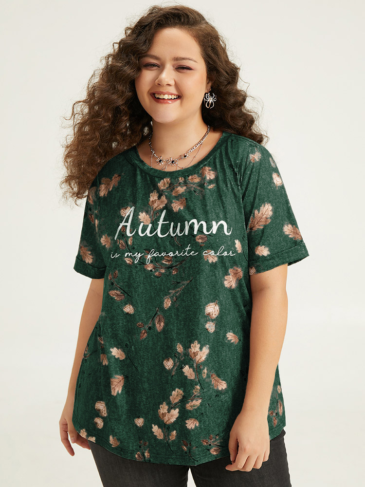 

Plus Size Halloween Letter & Plant Print Cuffed Sleeve T-shirt Green Women Casual Printed Positive slogan Round Neck Festival-Halloween T-shirts BloomChic