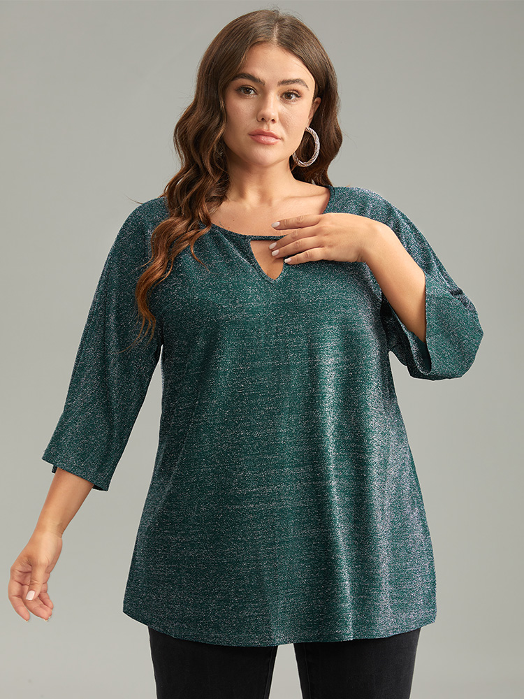 

Plus Size Cyan Glitter Keyhole Batwing Sleeve Blouse Women Glamour Elbow-length sleeve Keyhole Cut-Out Going out Blouses BloomChic