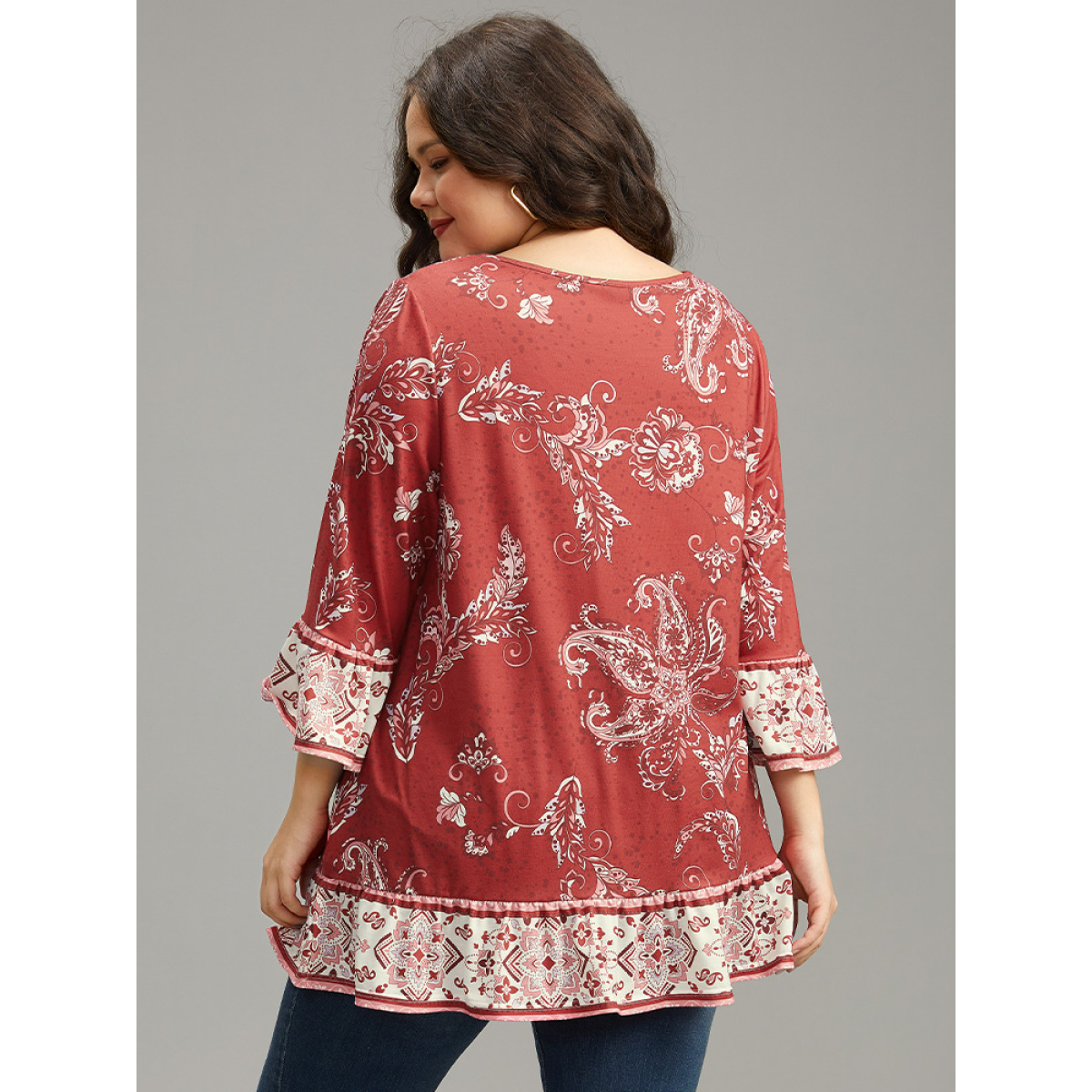 Plus Size Boho Print Patchwork Bell Sleeve T-shirt Scarlet V-neck Elbow-length sleeve Casual Jersey Tops
Plus Size Boho Print Patchwork Bell Sleeve T-shirt Scarlet V-neck Elbow-length sleeve Casual Jersey Tops
