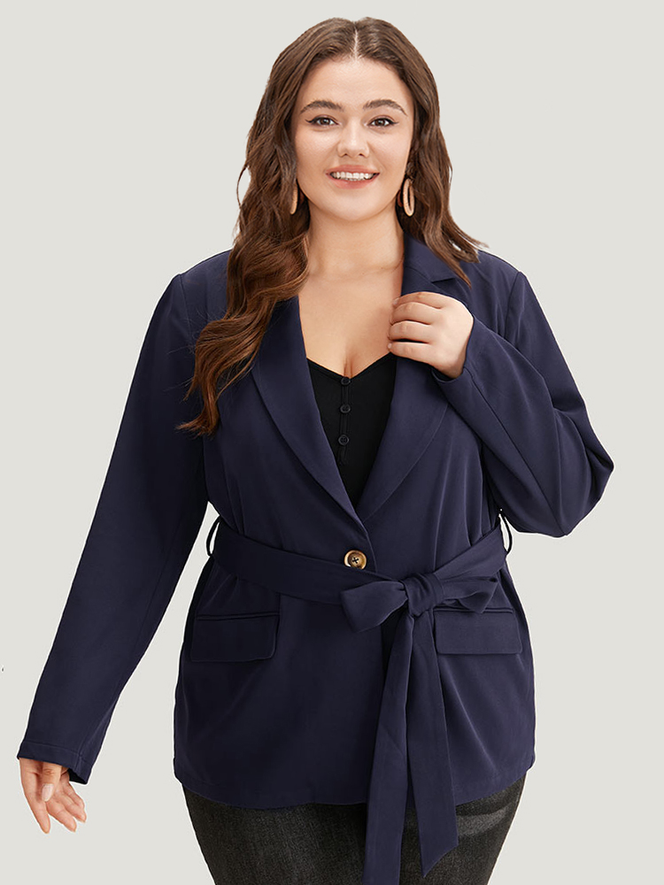 

Plus Size Anti-Wrinkle Button Through Belted Blazer Indigo Women Dailywear Plain Plain Sleeve Long Sleeve Suit Collar  Pocket Belt Elegant Blazers BloomChic