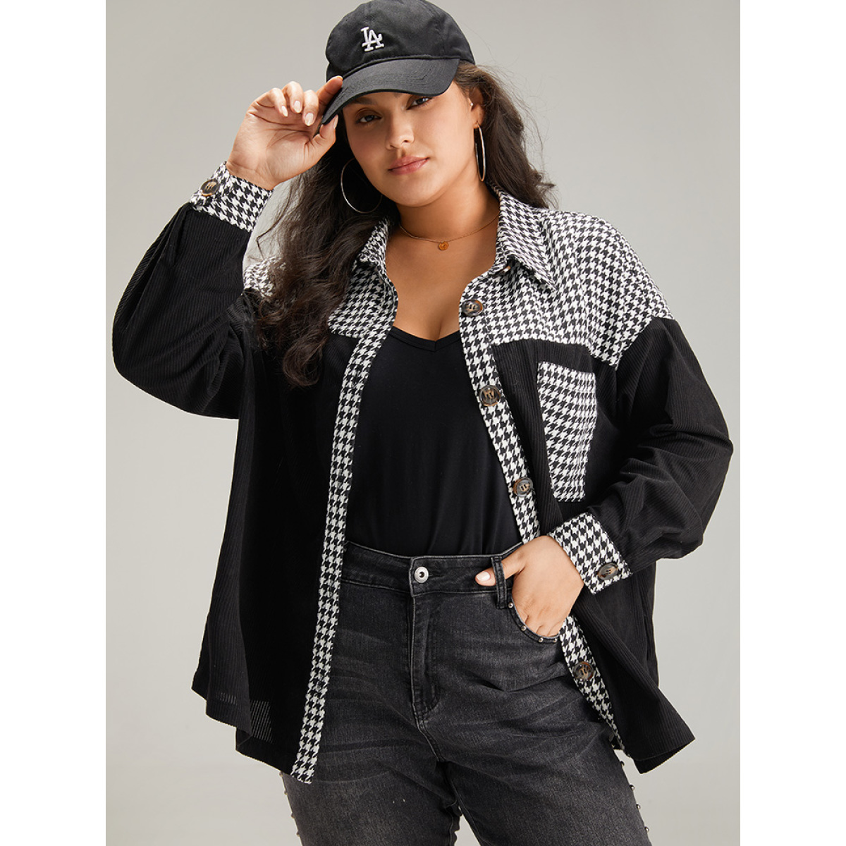 

Plus Size Houndstooth Patchwork Pocket Button Through Corduroy Coat Women Black Casual Contrast Ladies Dailywear Winter Coats BloomChic