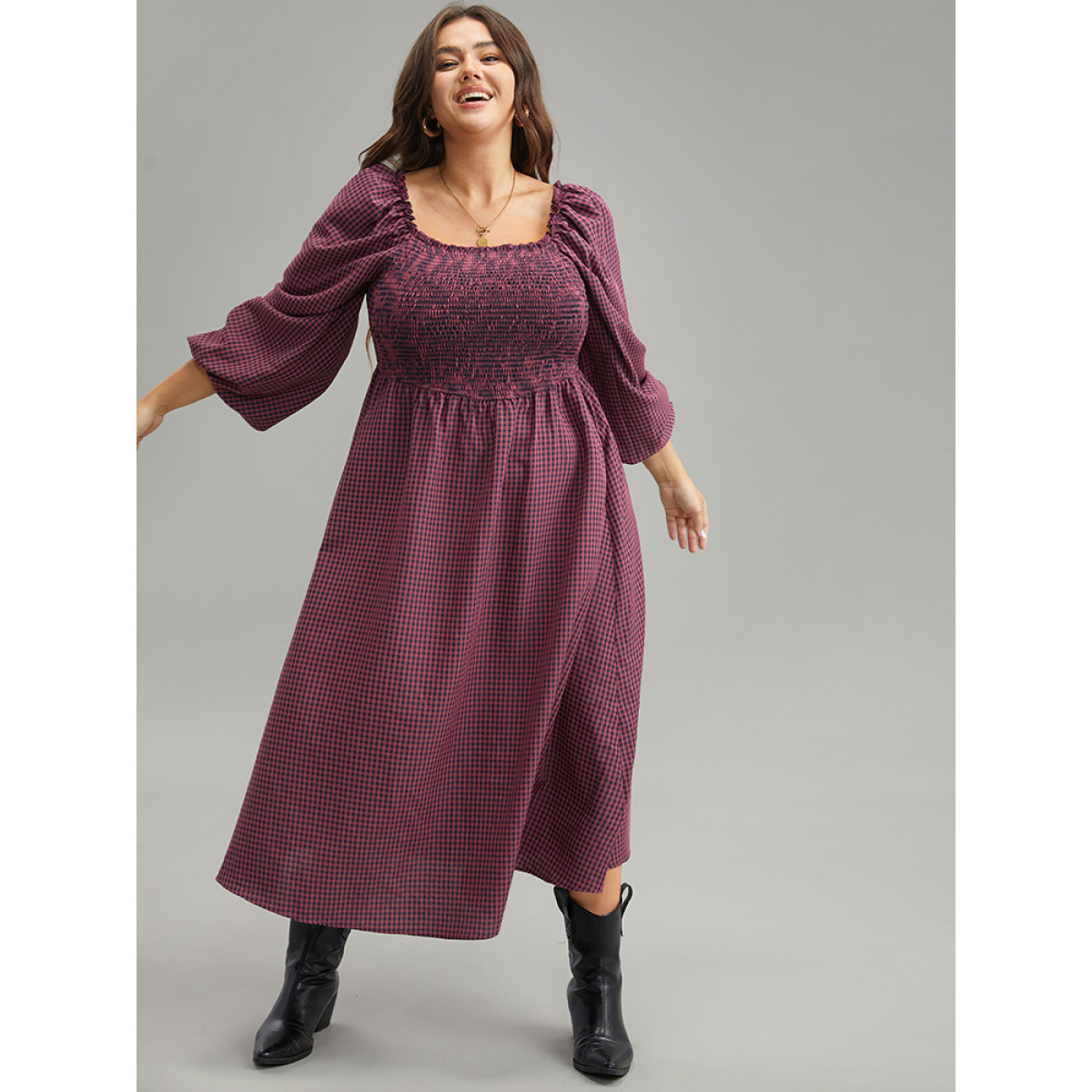 

Plus Size Gingham Square Neck Frill Trim Shirred Dress RedViolet Women Elastic cuffs Square Neck Long Sleeve Curvy Midi Dress BloomChic