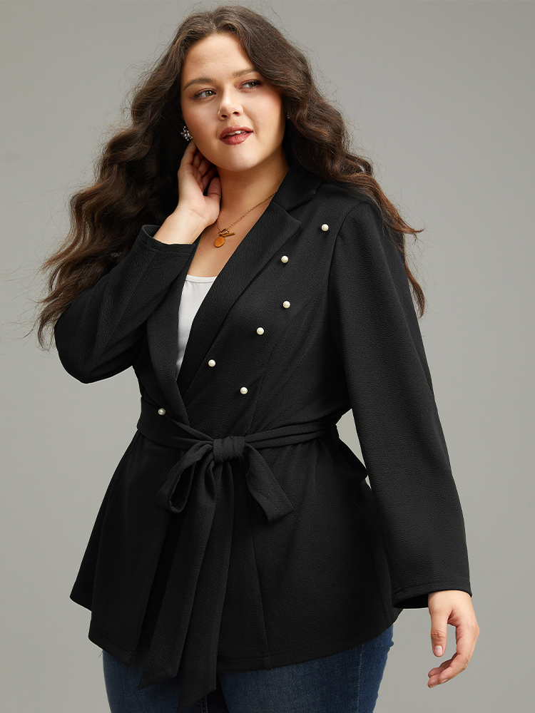 

Plus Size Anti-Wrinkle Pearl Beaded Belted Blazer Black Women Dailywear Plain Beaded Sleeve Long Sleeve Suit Collar  Belt Elegant Blazers BloomChic
