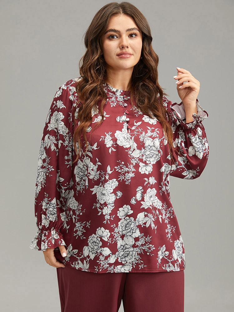 

Plus Size Scarlet Silhouette Floral Print Frill Trim Button Detail Blouse Women Elegant Long Sleeve Round Neck Dailywear Blouses BloomChic