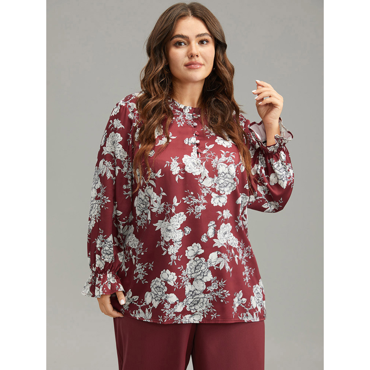 

Plus Size Scarlet Silhouette Floral Print Frill Trim Button Detail Blouse Women Elegant Long Sleeve Round Neck Dailywear Blouses BloomChic