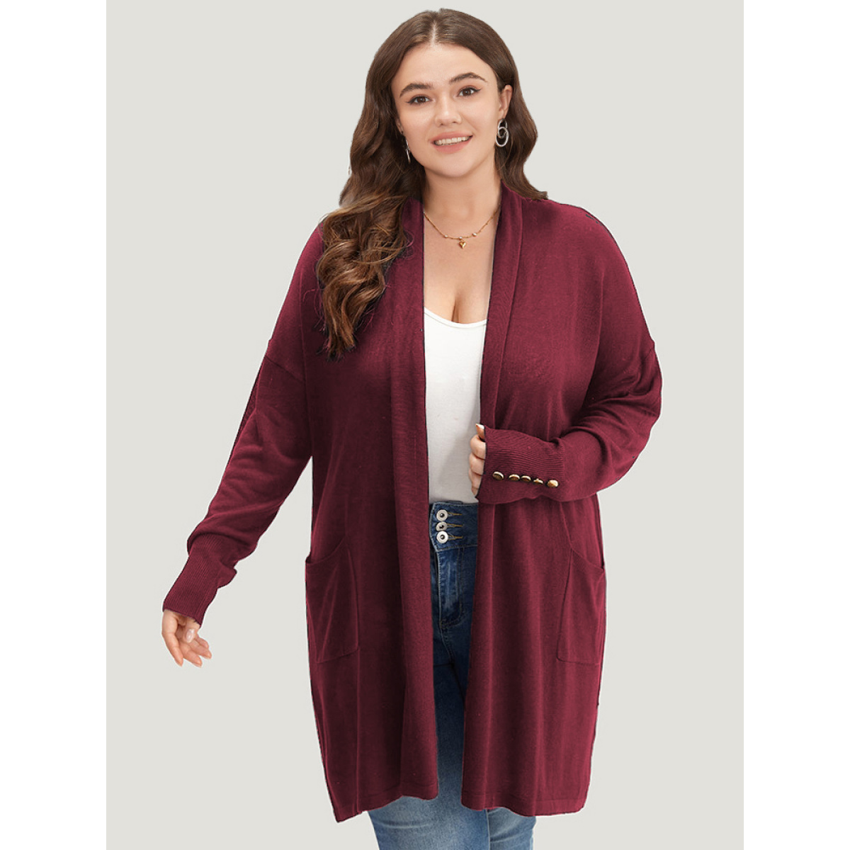 

Plus Size Supersoft Essentials Button Detail Lapel Collar Cardigan Burgundy Women Basics Loose Long Sleeve Everyday Cardigans BloomChic