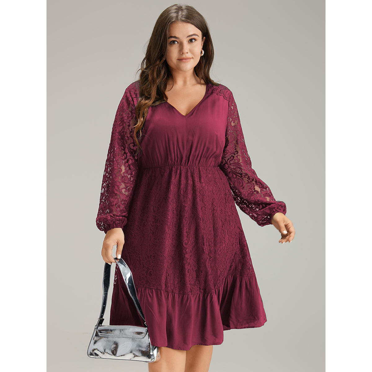 

Plus Size Lace Panel Mesh Flutter Hem Dress Burgundy Women Elastic cuffs V-neck Long Sleeve Curvy Midi Dress BloomChic