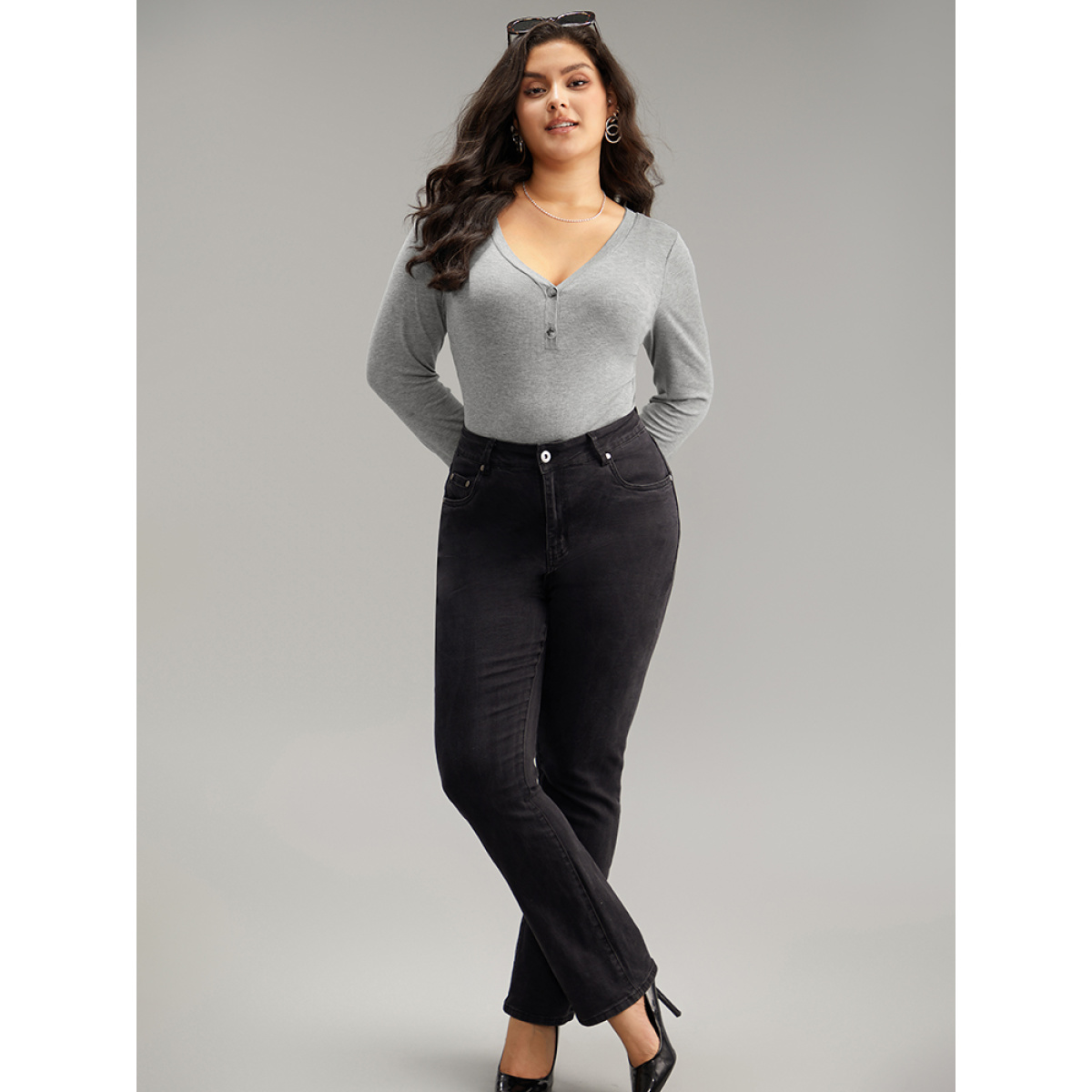 

Plus Size Supersoft Essentials Rib Knit Button Up Bodysuit Women Gray Plain Plain Bodysuits BloomChic