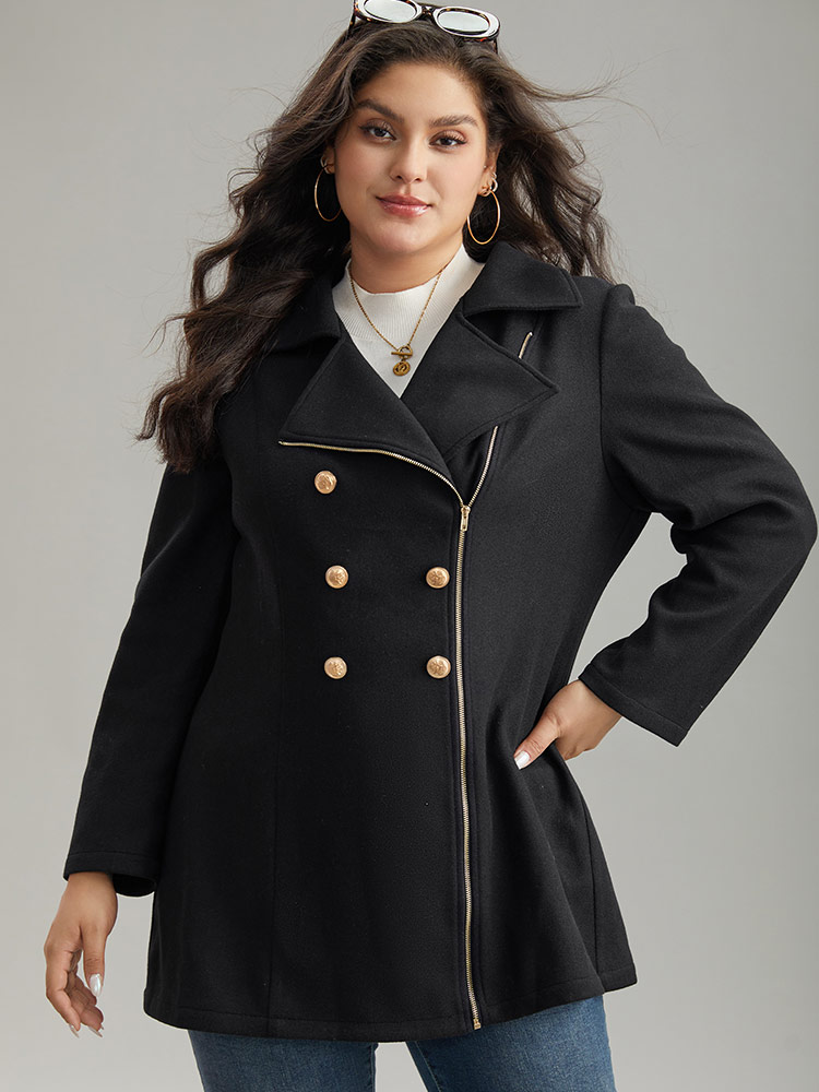 

Plus Size Asymmetrical Neck Buckle Detail Zipper Coat Women Black Casual Texture Ladies Dailywear Winter Coats BloomChic