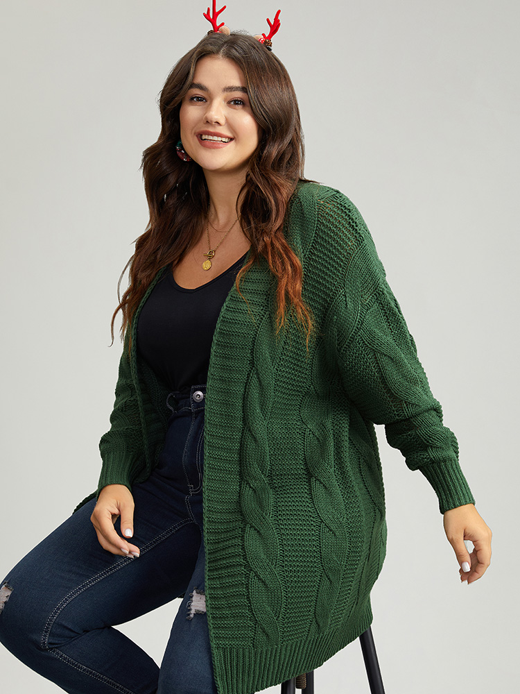 

Plus Size Cable Knit Plain Open Front Cardigan DarkGreen Women Casual Loose Long Sleeve Dailywear Cardigans BloomChic