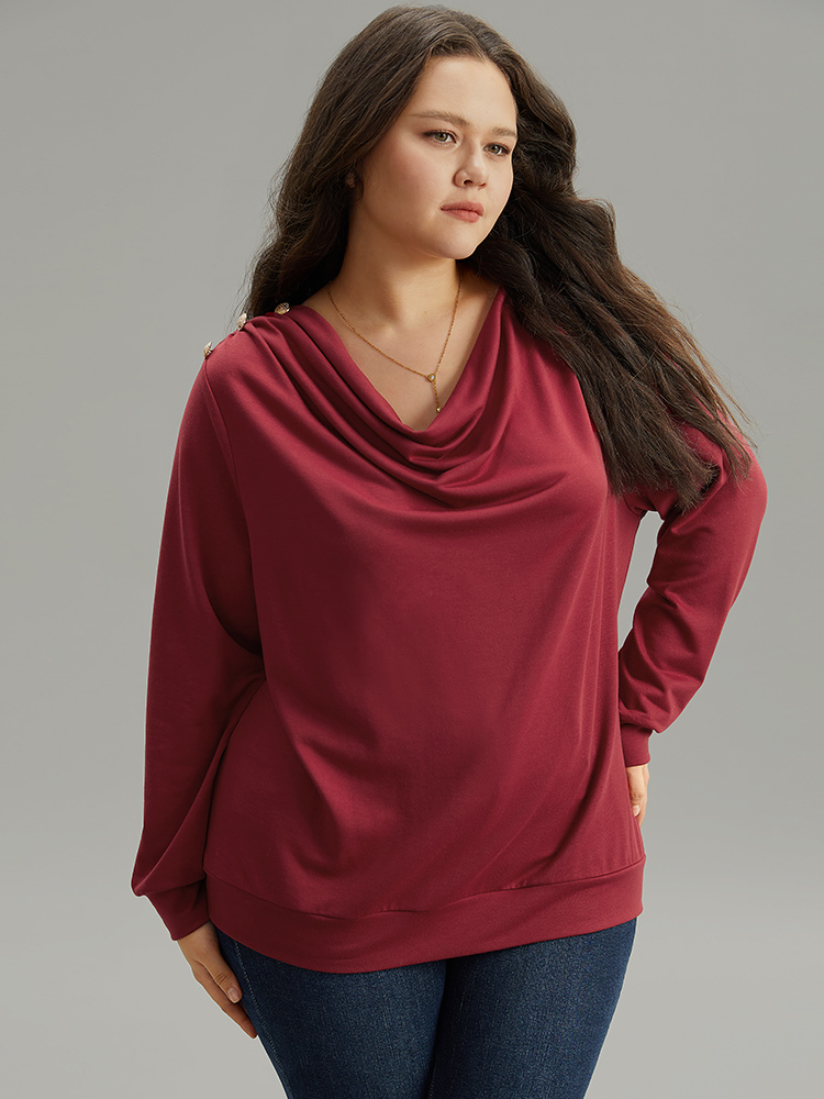 

Plus Size Solid Cowl Neck Metal Detail Sweatshirt Women Red Elegant Plain Cowl Neck Dailywear Sweatshirts BloomChic