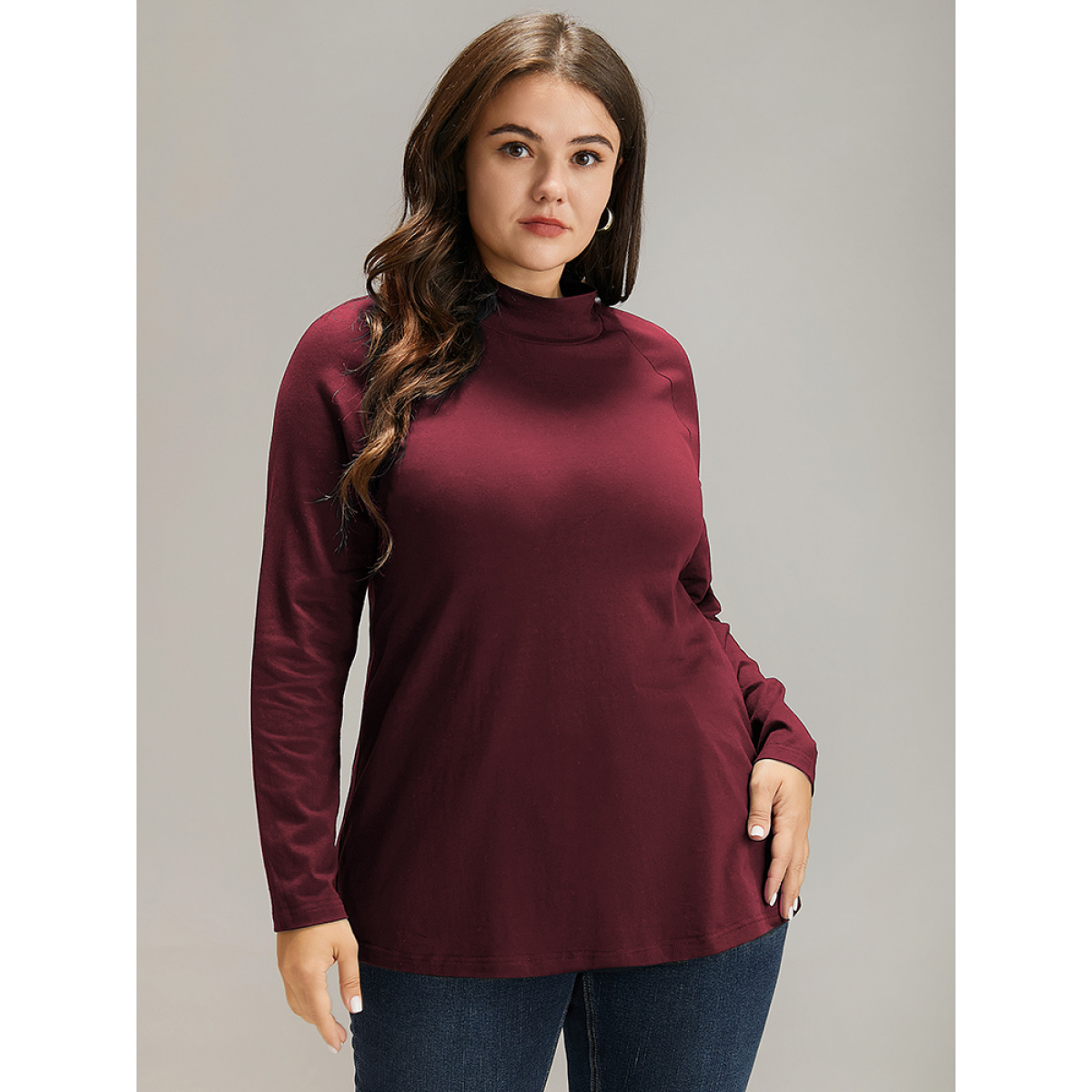 

Plus Size Cotton Mock Neck Raglan Sleeve T-shirt Burgundy Women Elegant Plain Plain Mock Neck Dailywear T-shirts BloomChic