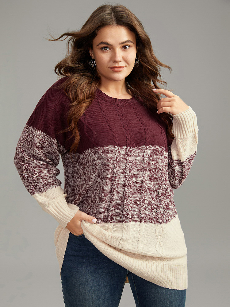 

Plus Size Cable Knit Heather Colorblock Patchwork Pullover Burgundy Women Casual Loose Long Sleeve Round Neck Dailywear Pullovers BloomChic