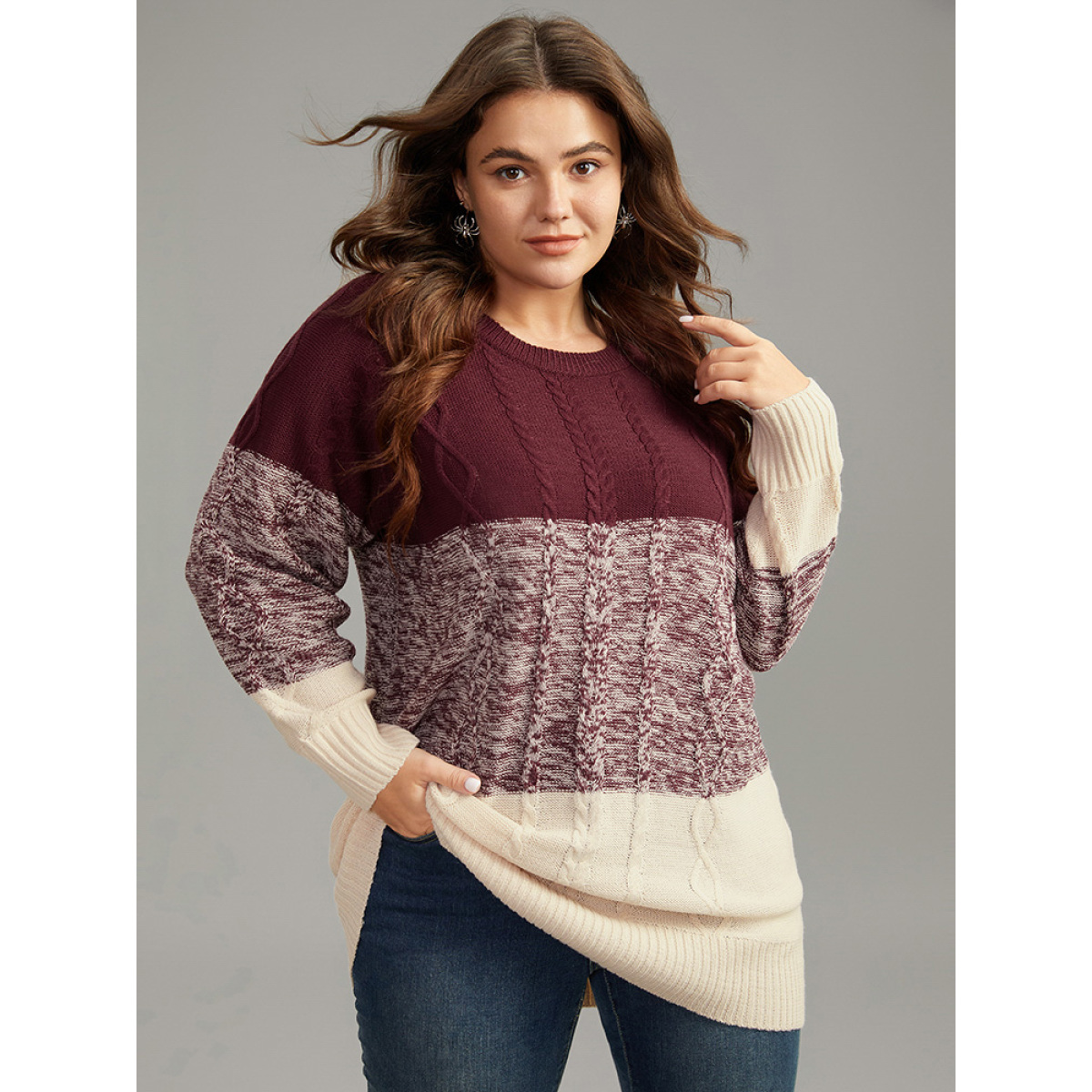 

Plus Size Cable Knit Heather Colorblock Patchwork Pullover Burgundy Women Casual Loose Long Sleeve Round Neck Dailywear Pullovers BloomChic