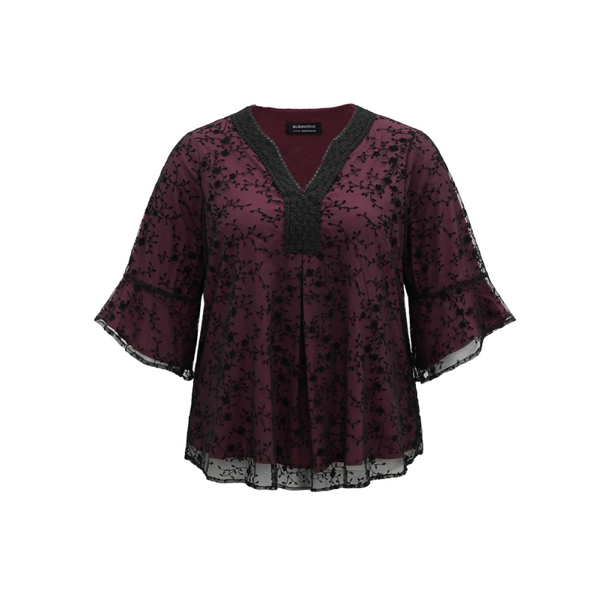 

Plus Size Burgundy Crochet Lace Mesh Bell Sleeve Blouse Women Cocktail Elbow-length sleeve V-neck Party Blouses BloomChic