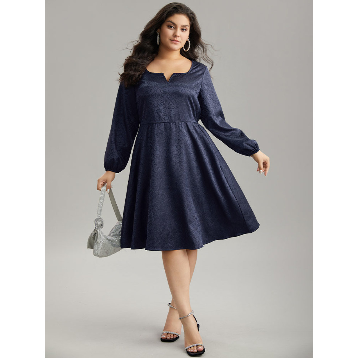 

Plus Size Plain Textured Notched Lantern Sleeve Dress Indigo Women Elastic cuffs Notched collar Long Sleeve Curvy Knee Dress BloomChic