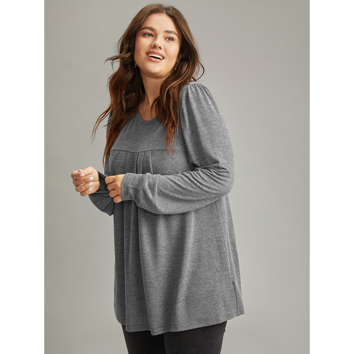 Plus Size Plain Heather Plicated Detail T-shirt Gray Round Neck Long Sleeve Casual Jersey Tops
Plus Size Plain Heather Plicated Detail T-shirt Gray Round Neck Long Sleeve Casual Jersey Tops