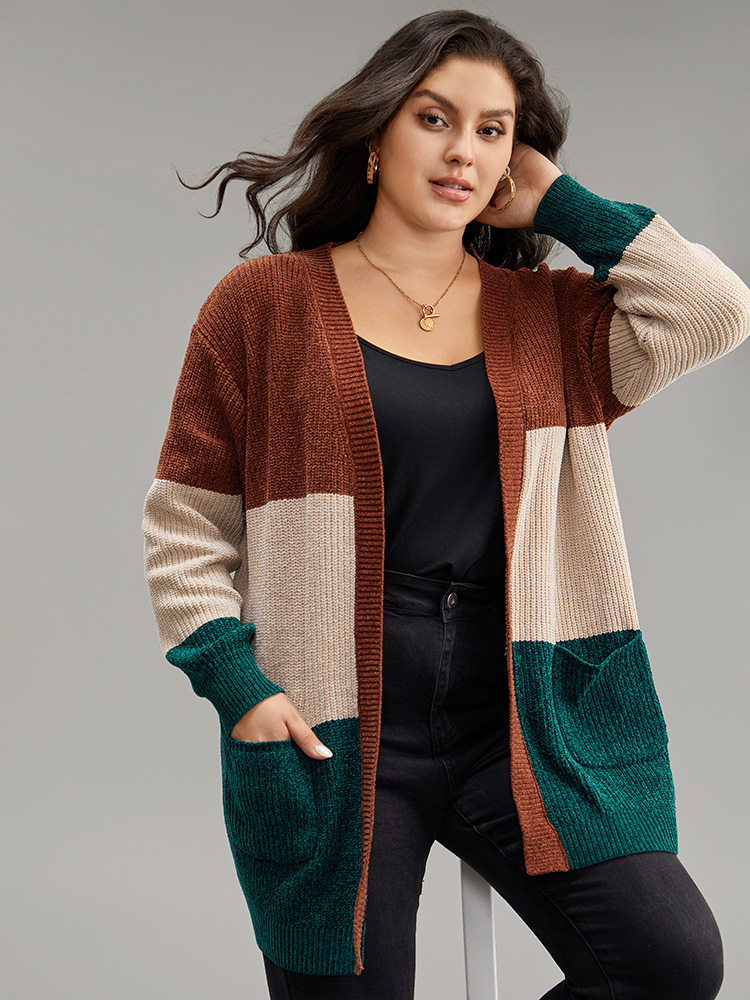 

Plus Size Open Front Colorblock Patched Pocket Cardigan Multicolor Women Casual Loose Long Sleeve Dailywear Cardigans BloomChic