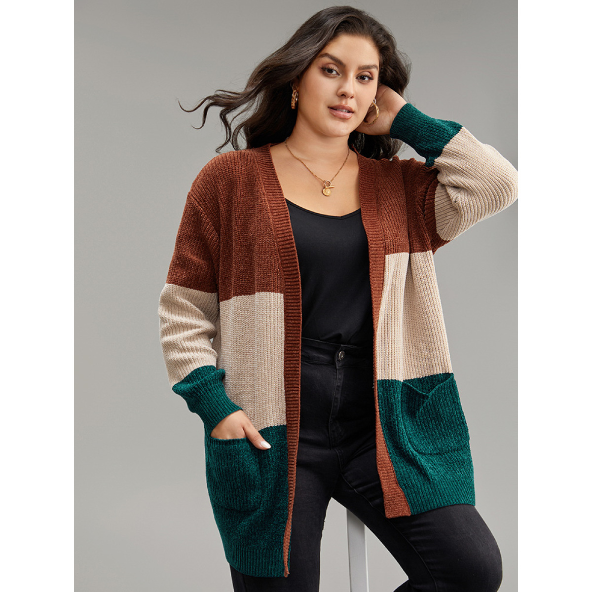 

Plus Size Open Front Colorblock Patched Pocket Cardigan Multicolor Women Casual Loose Long Sleeve Dailywear Cardigans BloomChic