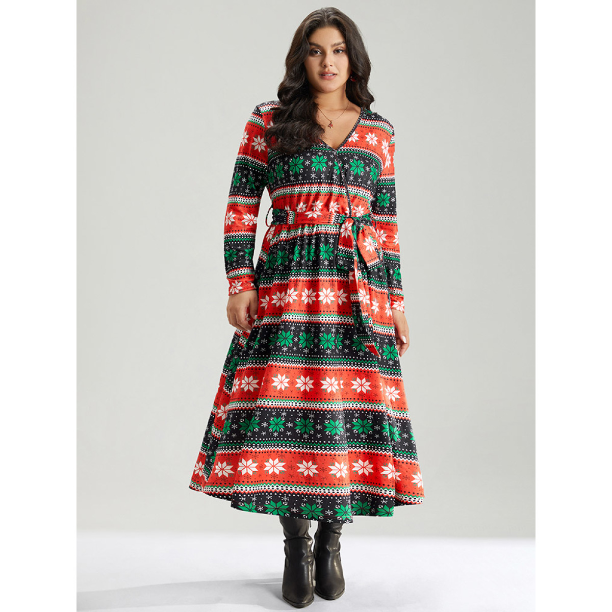 

Plus Size Snowflake Print Contrast Belted Surplice Neck Dress Multicolor Women Wrap Overlap Collar Long Sleeve Curvy Midi Dress BloomChic